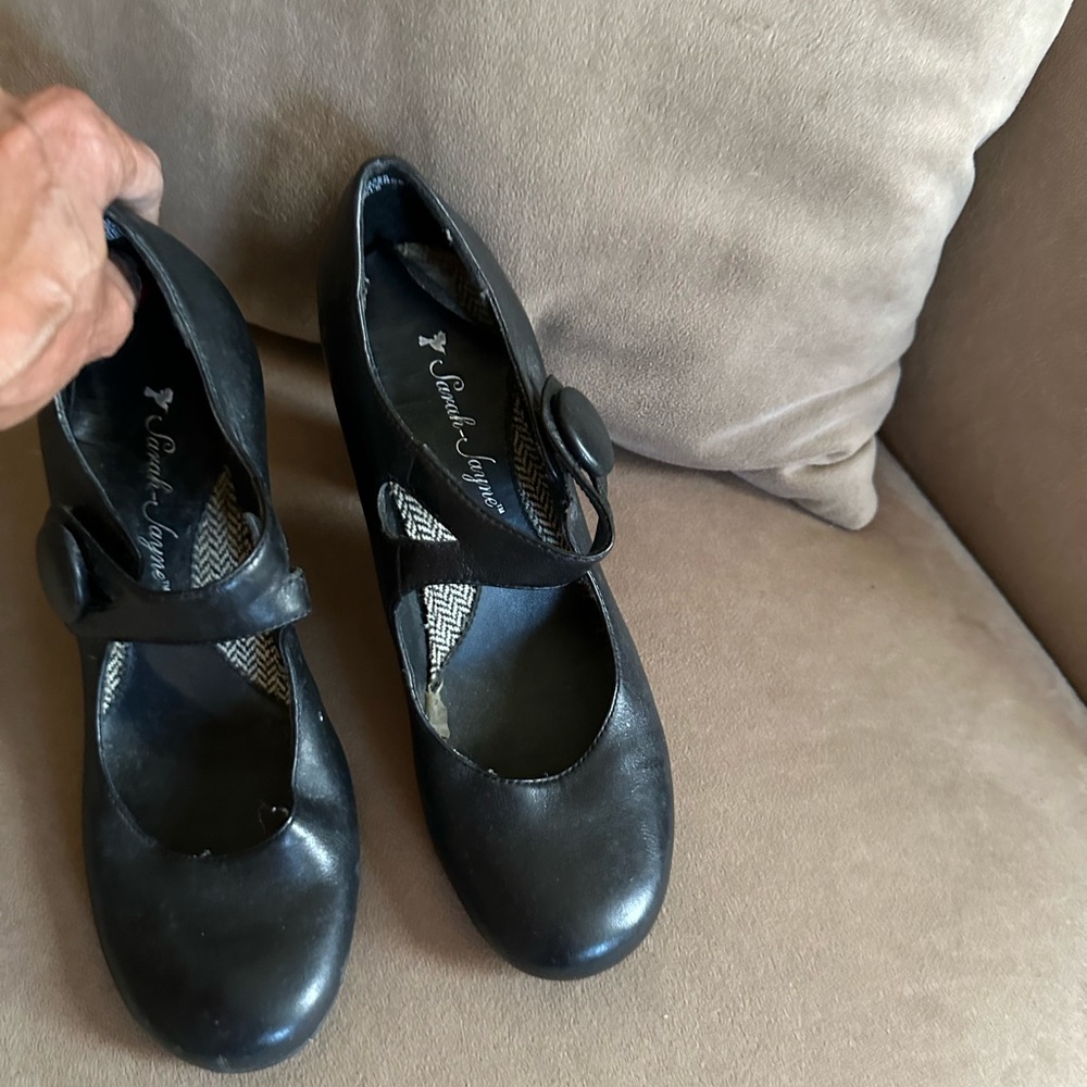 Black Leather Mary Jane heels
